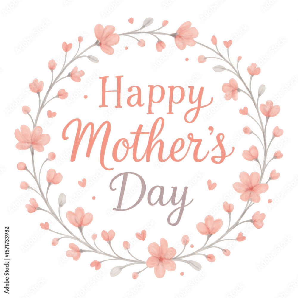 Happy mother s day floral wreath with pink flowers and hearts isolated on transparent background Happy mother s day floral wreath with pink flowers and hearts isolated on transparent background