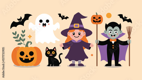 Flat vector illustration of cute Halloween characters – smiling pumpkin, ghost, witch, black cat, and vampire, in minimal cartoon style with soft colors