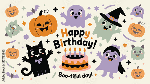 Flat vector illustration of cute Halloween characters – smiling pumpkin, ghost, witch, black cat, and vampire, in minimal cartoon style with soft colors