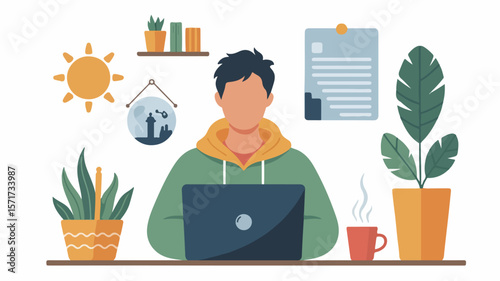 Simple flat design – person working from home, laptop, coffee cup, productivity icons, cozy home workspace