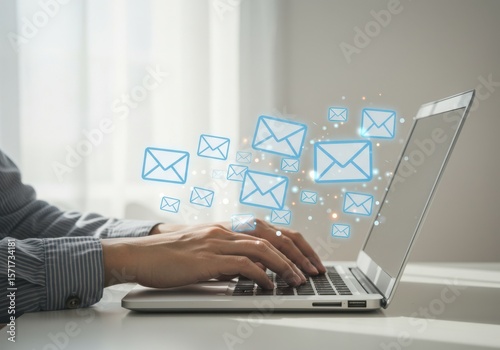 Person typing on a laptop with a stream of digital email icons flowing outwards