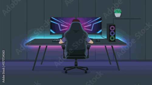 A person sitting in front of a computer with neon lights and gaming equipment