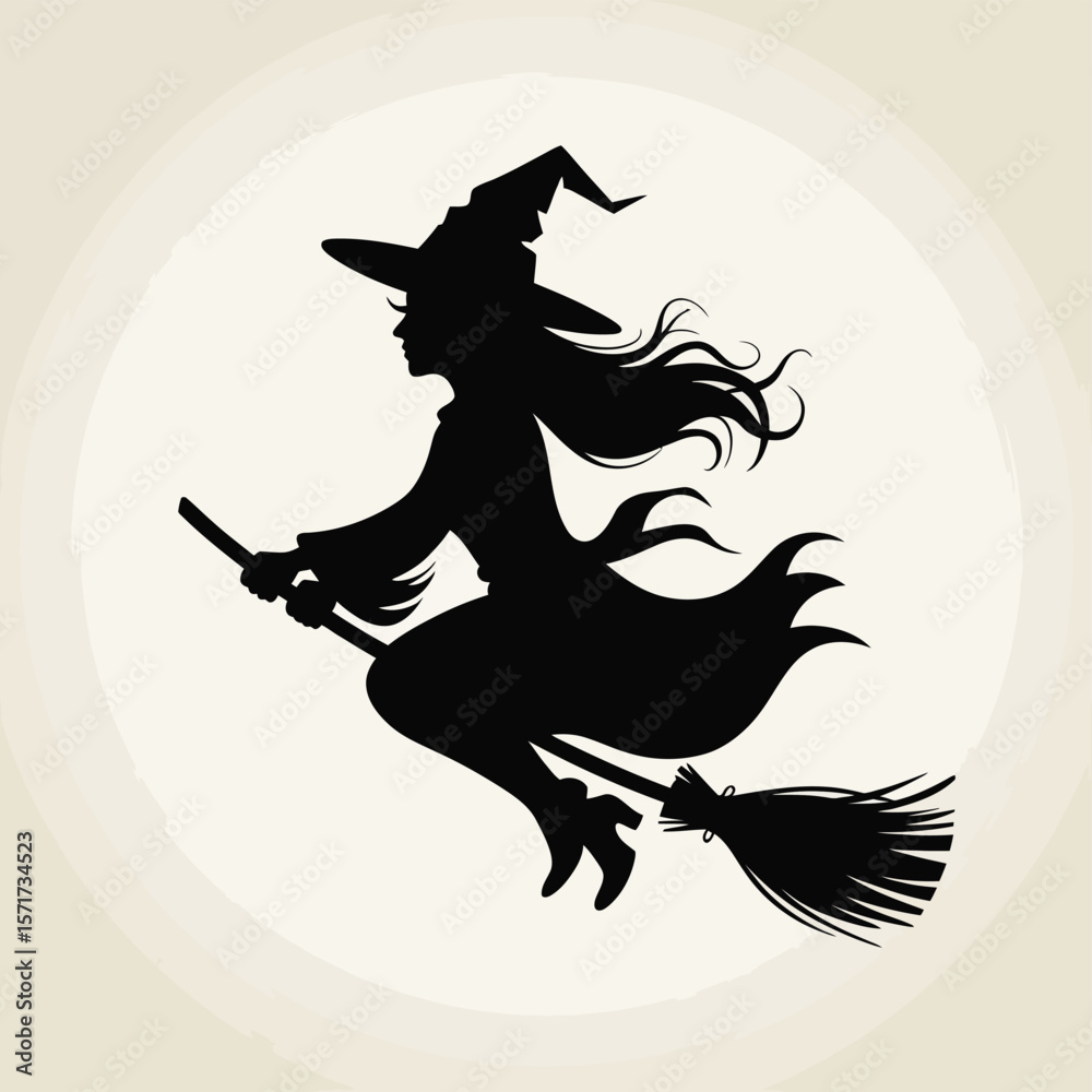 Fototapeta premium Silhouette of a Witch Flying on a Broom