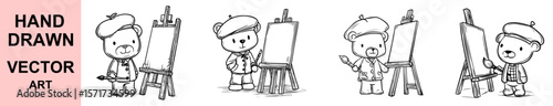 Cute hand drawn vector illustration of cartoon bear artist painting on easel with brush in creative outfit for art design and educational resources