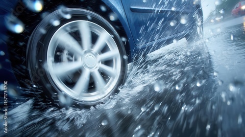 The image captures a car tire as it drives through a puddle scattered with fallen autumn leaves, accentuating the textures, motion, and ephemeral colorful essence of the season