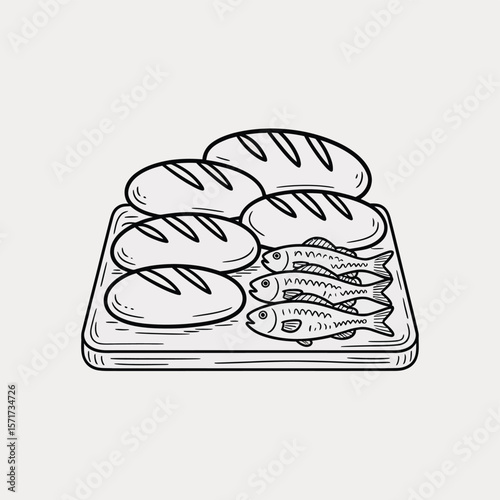 Hand Drawn Illustration of Bread and Fish on a Wooden Board