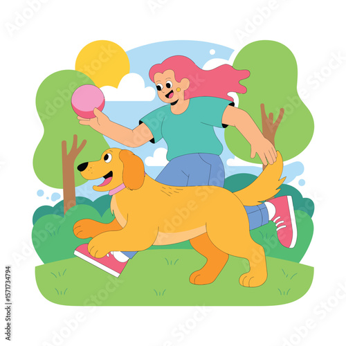 Girl and Dog Playing Fetch in a Park