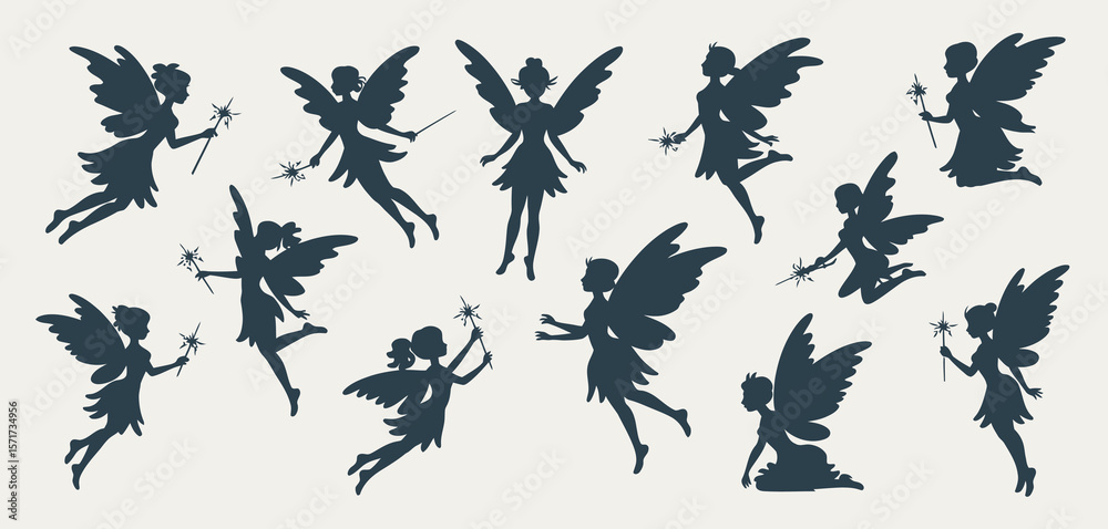 Fototapeta premium Silhouettes of Cute Flying Fairies with Sparkles