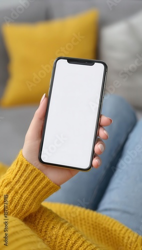 In a casual indoor setting, an individual sits on a sofa while using their mobile phone, with a blank screen mockup illustrating a tech product for marketing design ideas and a close-up view of their