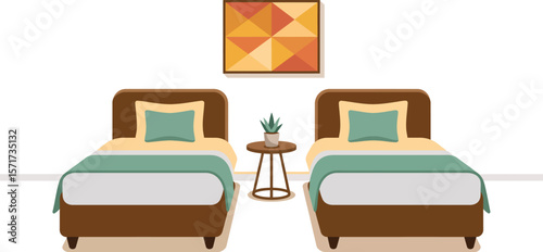 Illustration of a bedroom with two beds a table and a geometric painting above