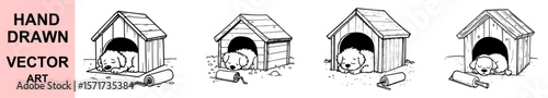 Adorable Hand Drawn Vector Illustration of Sleeping Puppy in Doghouse with Blanket and Toy for Pet Care and Animal Shelter DesignsAdorable Hand Drawn Vector Illustration of Sleeping Puppy in Doghouse 