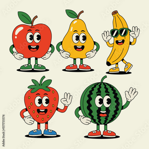 Retro Cartoon Fruits Apple Pear Banana Strawberry Watermelon