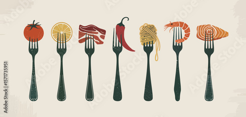 Assorted Food Items on Forks Illustration