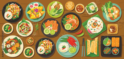 Variety of Delicious Asian Dishes on a Wooden Table