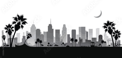 Cityscape Silhouette with Palms and Crescent Moon