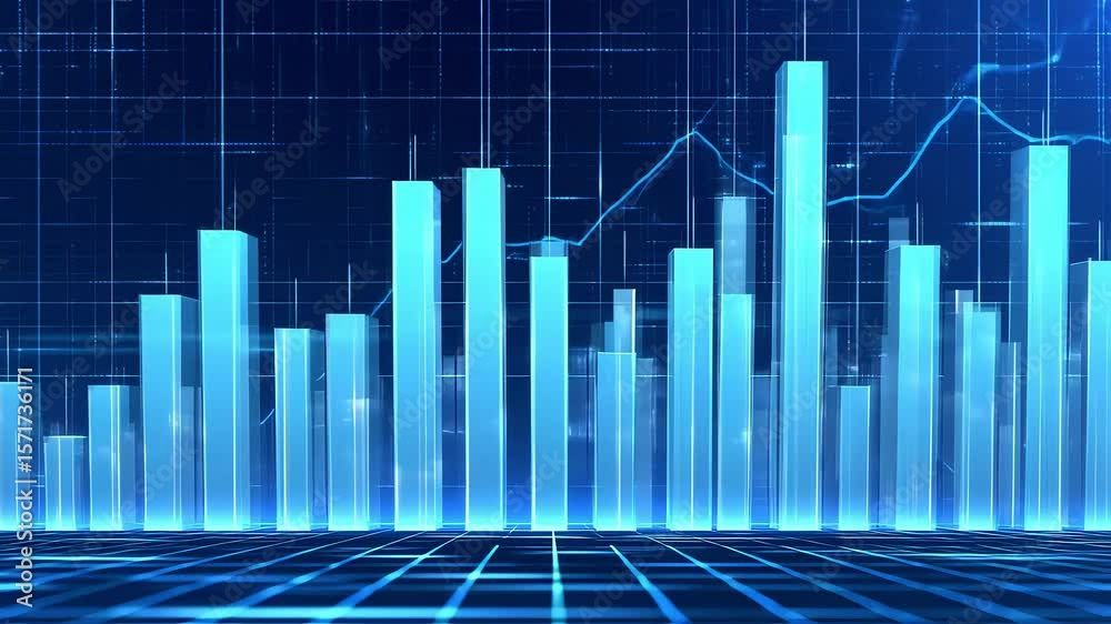 Growing Bar Graph with Financial Line Chart on Digital Grid