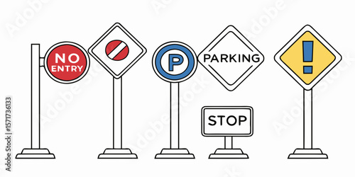 Collection of traffic signs including no entry parking stop and warning signs isolated on white background silhouette