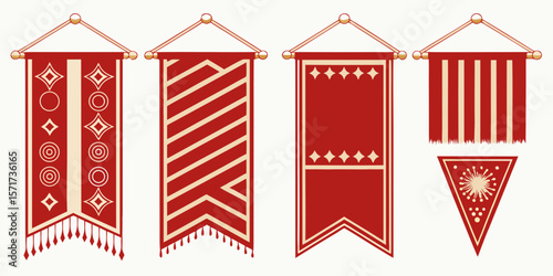 Collection of decorative banners and pennants with geometric patterns isolated on white background silhouette
