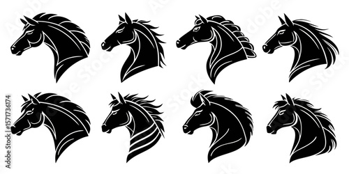Collection of eight stylized horse head silhouettes facing left isolated on white background