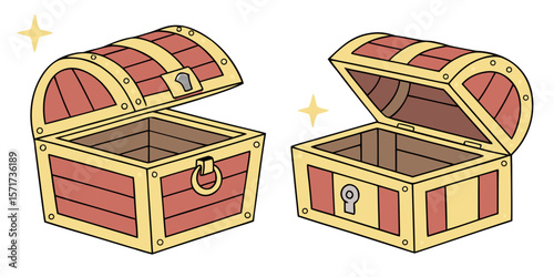 Two open cartoon treasure chests with gold trim and red planks isolated on white background silhouette