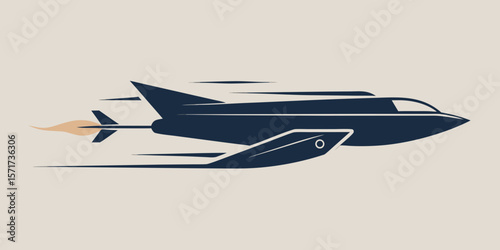 Sleek dark blue jet airplane with fiery exhaust trail flying fast silhouette isolated on white background
