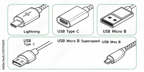Collection of various usb connector types and lightning connector silhouette isolated on white background
