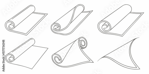 Collection of six different rolled and unrolled fabric or paper sheets silhouette isolated on white background