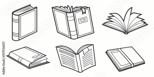 Collection of six different book illustrations in a simple line art silhouette style isolated on white background