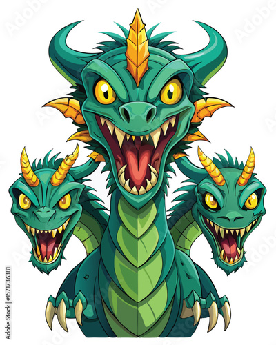 Menacing Three Headed Dragon Illustration with Sharp Claws and Teeth Fantasy Creature