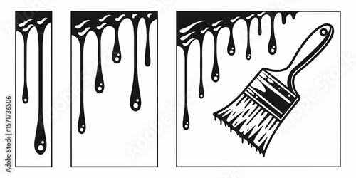 Black paint dripping from a brush and forming drops isolated on white background silhouette