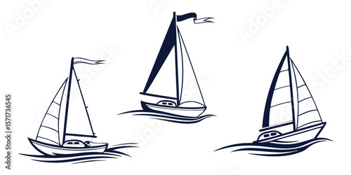 Three stylized dark blue sailboats with flags sailing on wavy water silhouette isolated on white background