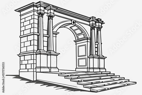 Ornate roman archway with stone steps and column details silhouette isolated on white background