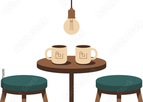 Two coffee mugs on a table with stools and a light bulb hanging from the ceiling