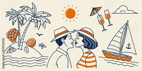 Romantic couple kissing on a tropical island with palm trees and sailboat silhouette isolated on white background