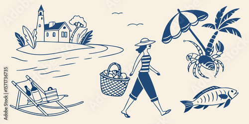 Woman walking on beach with picnic basket near lighthouse and crab under umbrella silhouette isolated on white background