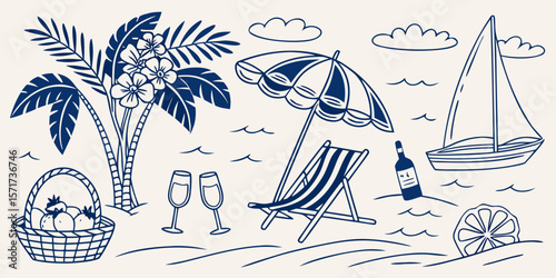 Tropical beach vacation scene with palm trees umbrella lounge chair drinks and sailboat silhouette isolated on white background