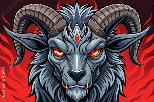 Intense Baphomet Goat Creature with Horns and Piercing Red Eyes on Fiery Background