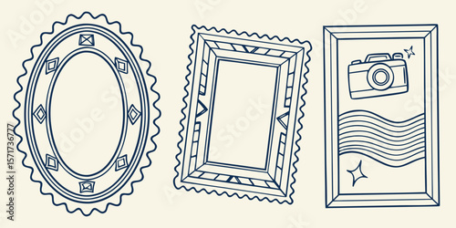 Collection of three decorative vintage style frames with a camera and wavy lines illustration silhouette isolated on white background