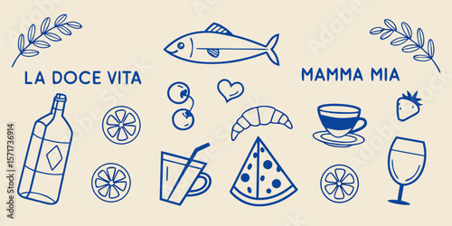 Collection of italian food and drink icons with la dolce vita and mamma mia phrases silhouette isolated on white background