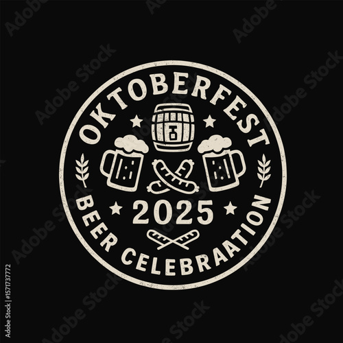 Oktoberfest 2025 Beer Celebration Logo - Beer Mugs and Sausage Icon
