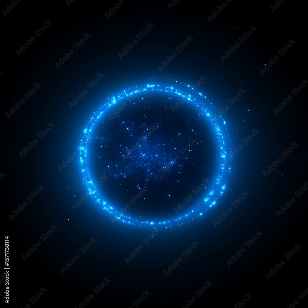 Fototapeta premium Abstract glowing circle with particles. A circular design featuring a bright, luminous blue ring surrounding a sphere of smaller, light particles