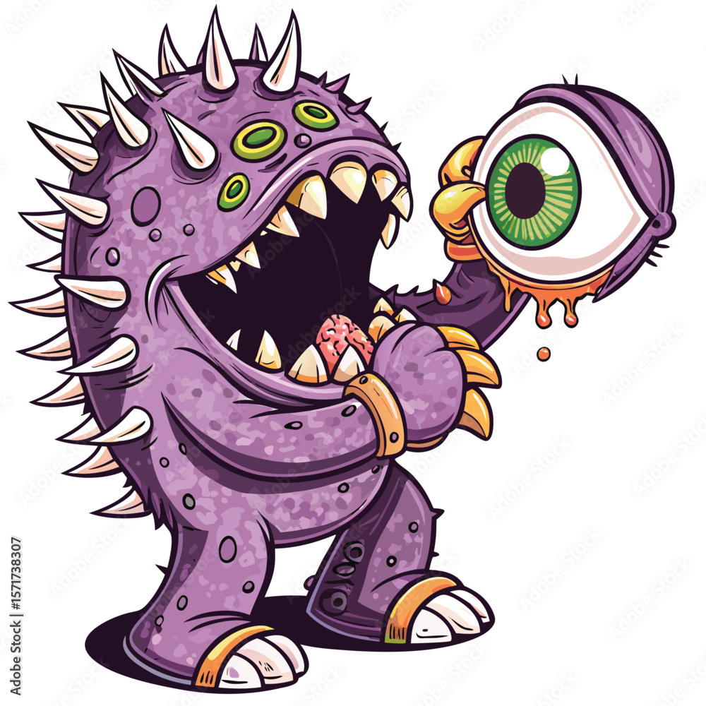 Fototapeta premium Spiky Purple Monster Holds Giant Eyeball Cartoon Illustration
