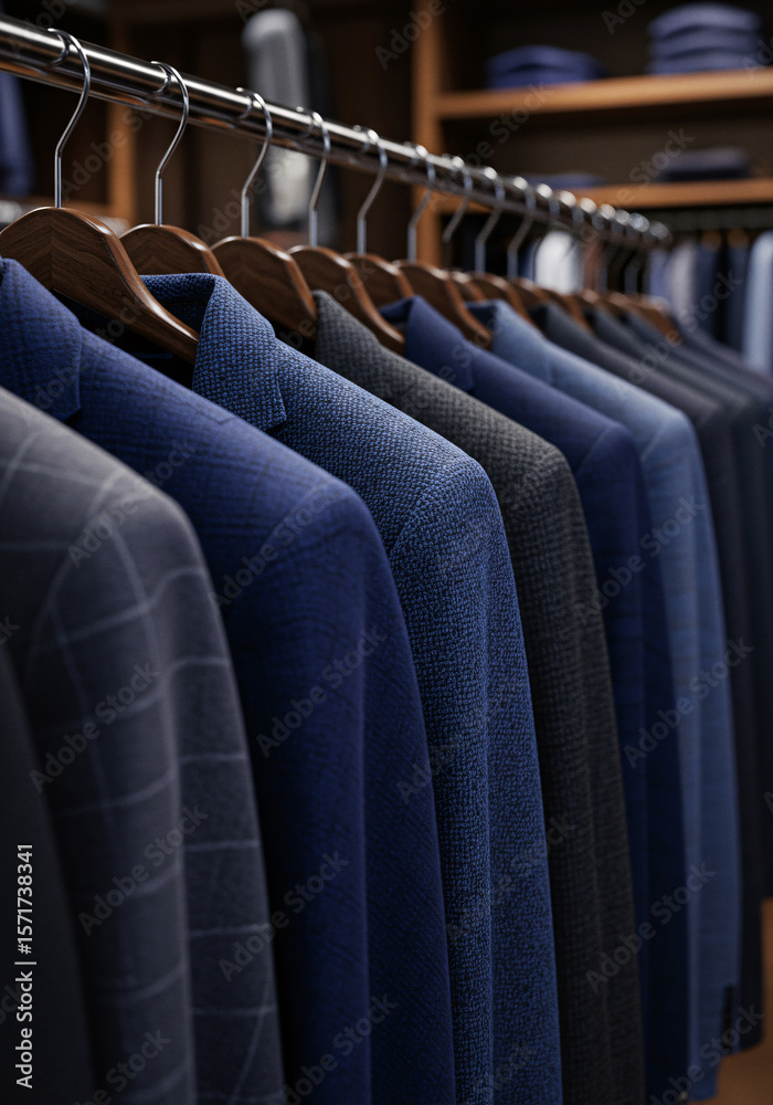 Obraz premium An Elegant Display of Tailored Men's Suits Hanging on a Rack in a Luxury Boutique