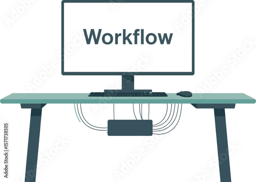 A computer monitor displaying the word workflow on a desk with cable management
