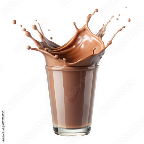 Dynamic chocolate milk splash frozen in time with droplets and waves in a glass isolated on transparent background