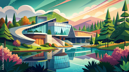 Crystal Bridges Museum of American Art in Arkansas blends nature and architecture, with galleries curving around water, glass reflections shimmering beside lush Ozark forests.