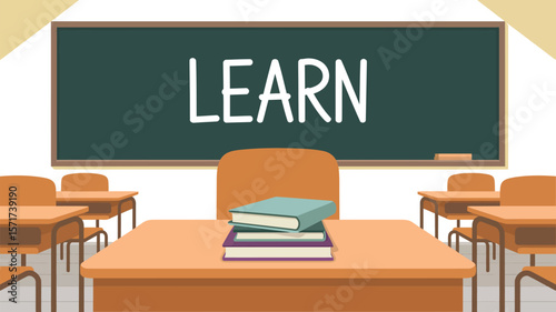 Classroom scene with desks and chairs and a chalkboard with the word learn on it