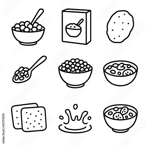 Breakfast Cereal Icons. Outline style icons of Breakfast Cereals: cereal bowl with spoon, cereal box, cornflakes icon, spoon with