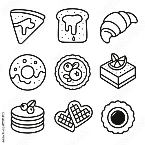 Sweet Brunch Icons. Outline style icons of Sweet Brunch Treats: crepes with syrup, French toast, chocolate croissant, donut with
