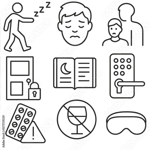 Sleepwalking Safety Icons. Outline style icons of Adult Sleepwalking: adult silhouette mid-step, tired adult face, sleepwalking